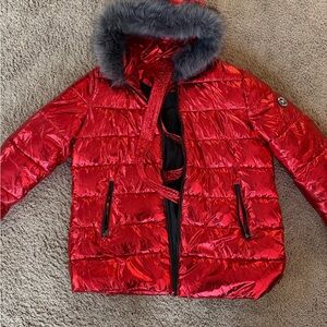 White Mark Kids Red Puffer Jacket with Gray Fur